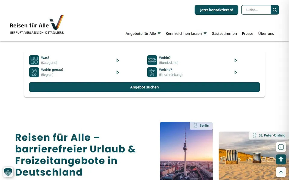 Reisen für Alle – Ansicht der Anbieter-Website