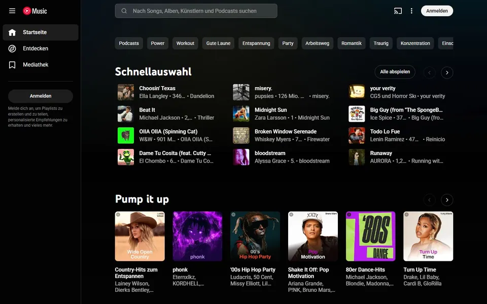 YouTube Music – Ansicht der Anbieter-Website