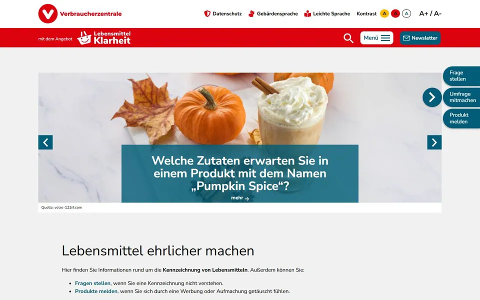 Lebensmittelklarheit – Ansicht der Anbieter-Website