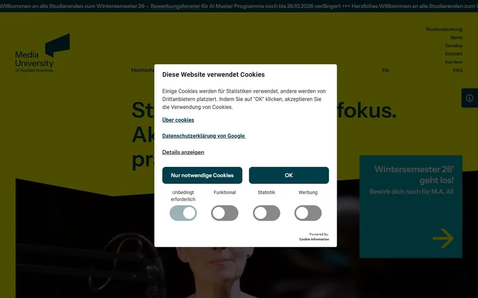 Media University of Applied Sciences – Ansicht der Anbieter-Website