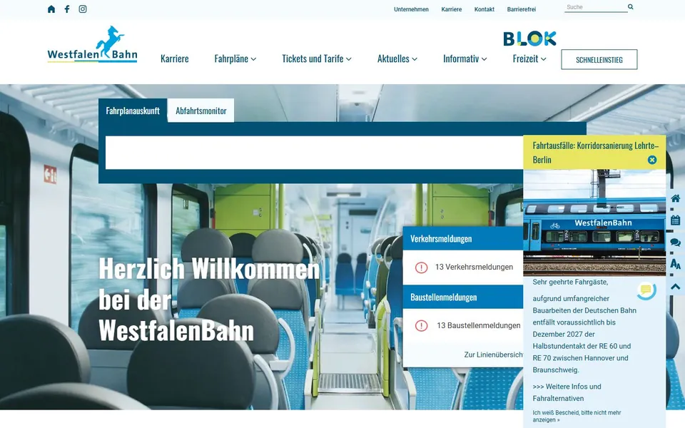 WestfalenBahn – Ansicht der Anbieter-Website