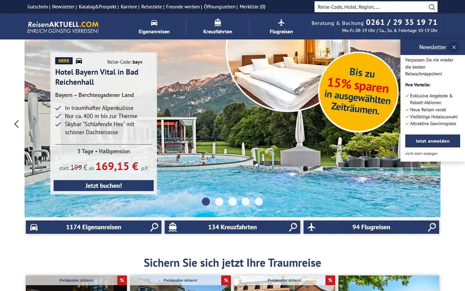 Reisen Aktuell – Ansicht der Anbieter-Website