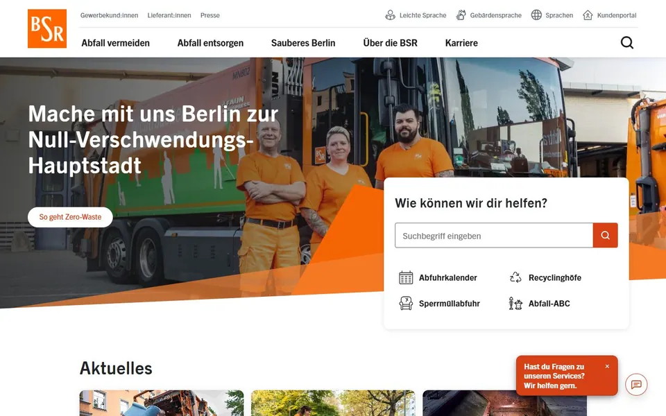 Berliner Stadtreinigung – Ansicht der Anbieter-Website