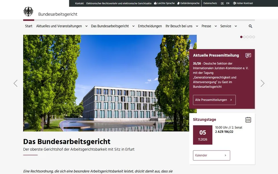Bundesarbeitsgericht – Ansicht der Anbieter-Website