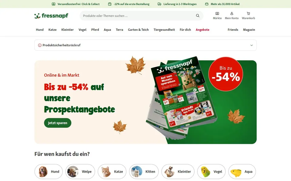 Fressnapf – Ansicht der Anbieter-Website