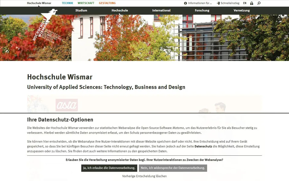 Hochschule Wismar – Ansicht der Anbieter-Website