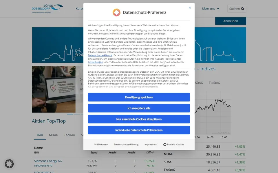 Börse Düsseldorf – Ansicht der Anbieter-Website