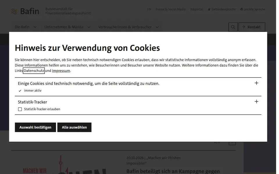 BaFin – Ansicht der Anbieter-Website