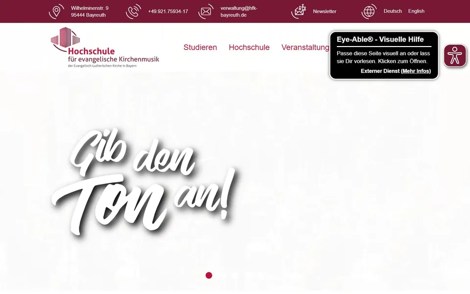 Hochschule für Evangelische Kirchenmusik – Ansicht der Anbieter-Website