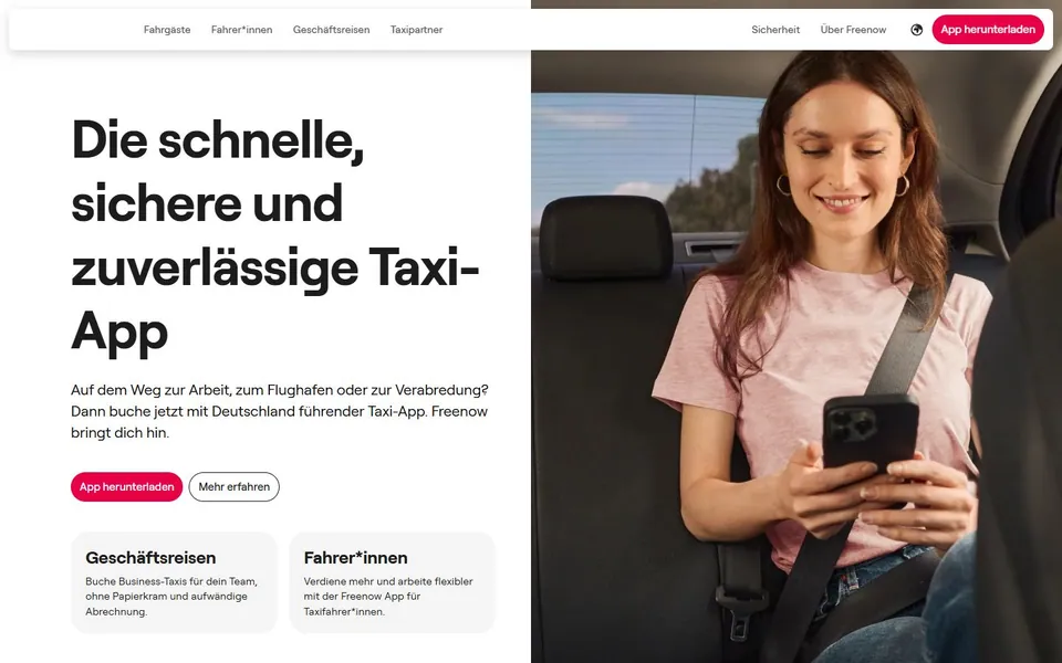 Free Now – Ansicht der Anbieter-Website