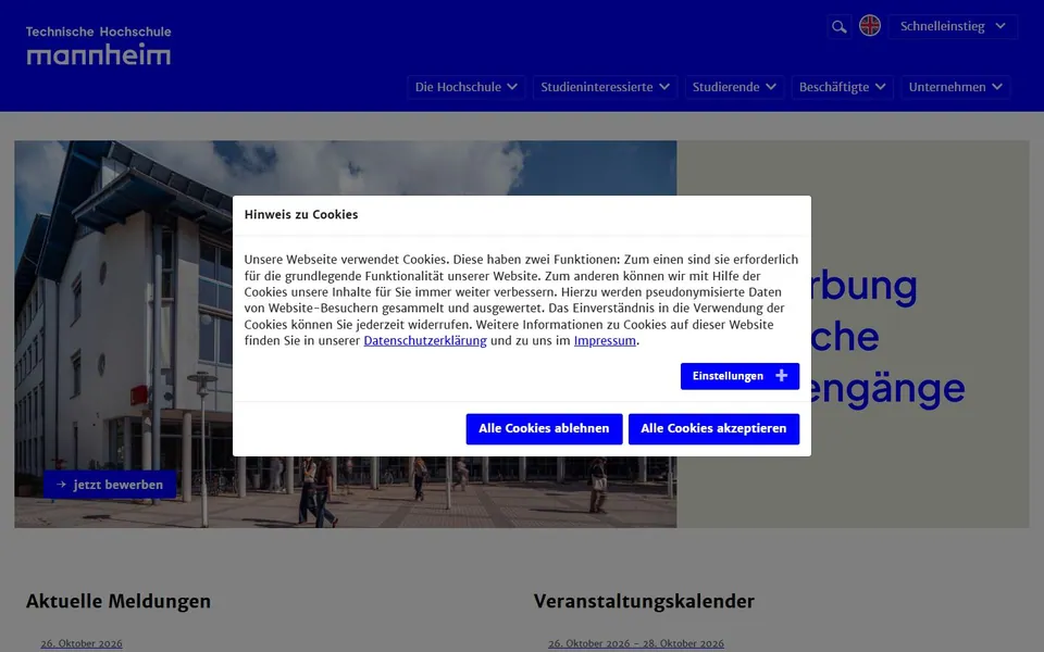 Technische Hochschule Mannheim – Ansicht der Anbieter-Website