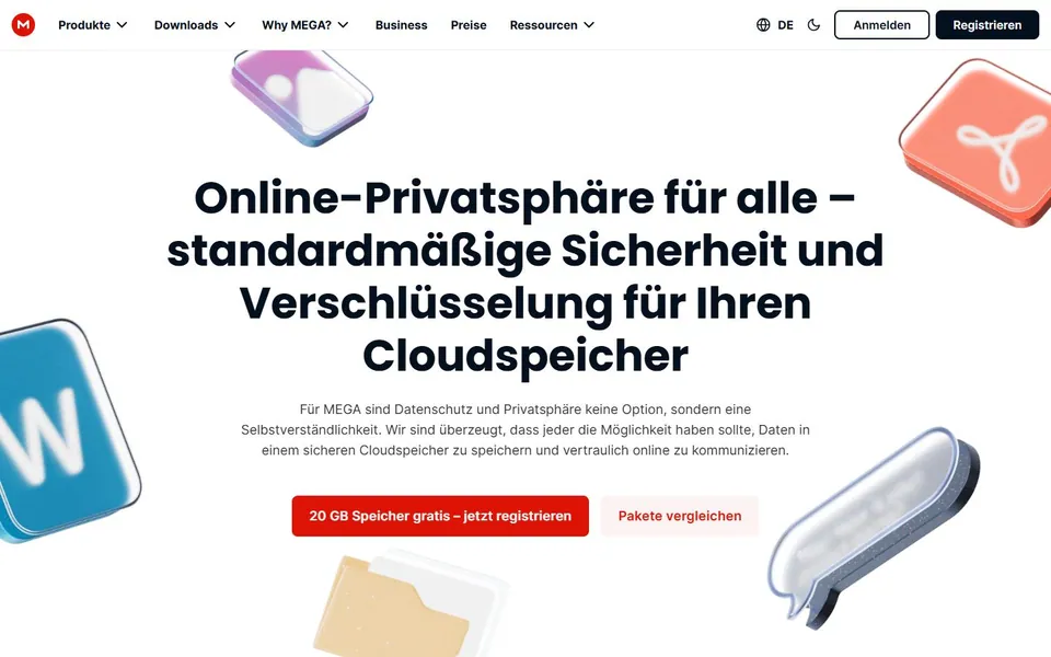 MEGA – Ansicht der Anbieter-Website