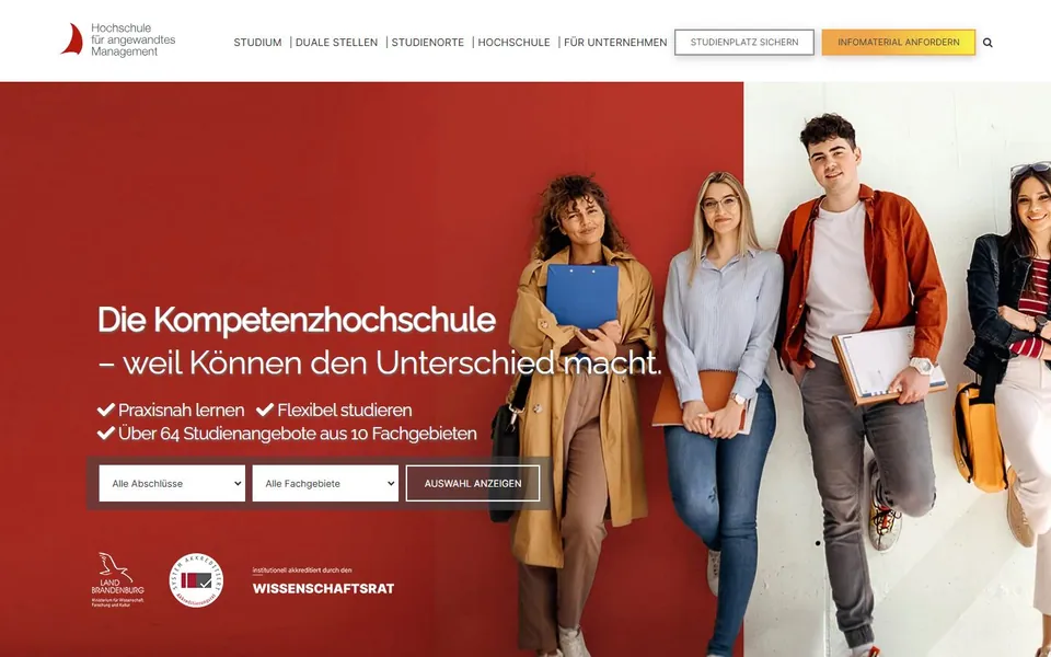 Hochschule für angewandtes Management – Ansicht der Anbieter-Website