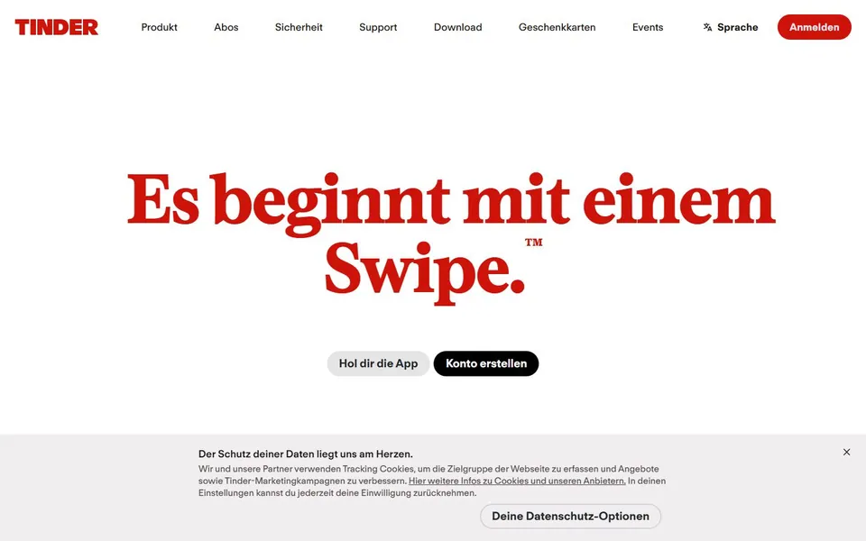 Tinder – Ansicht der Anbieter-Website