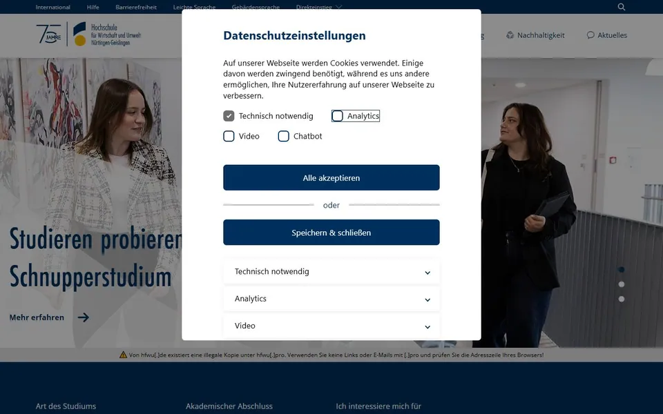 Hochschule für Wirtschaft und Umwelt Nürtingen-Geislingen – Ansicht der Anbieter-Website