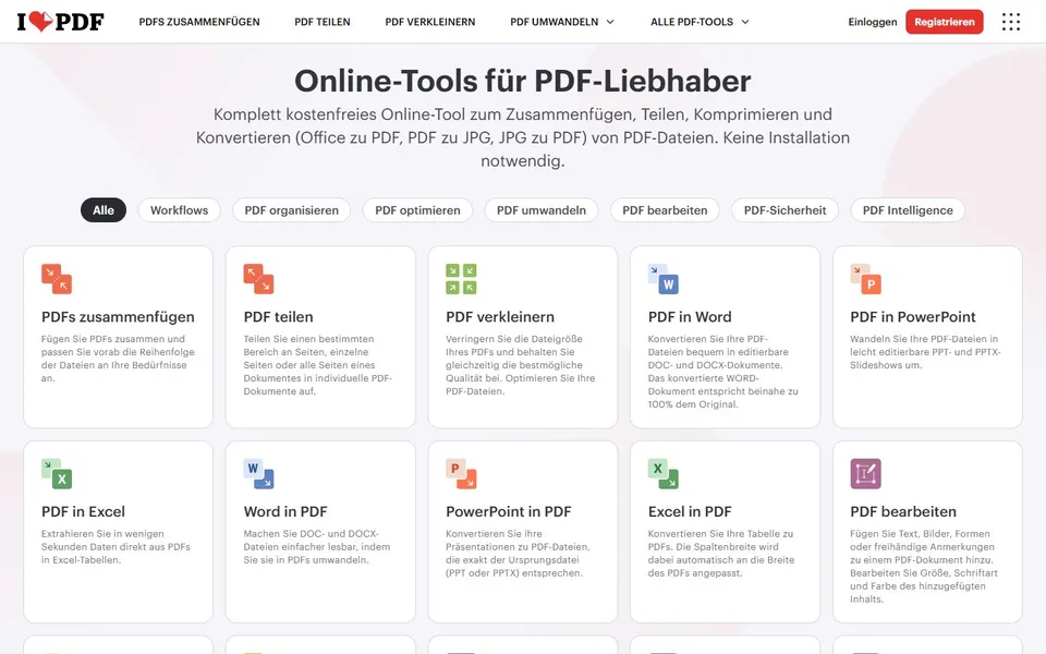 iLovePDF – Ansicht der Anbieter-Website