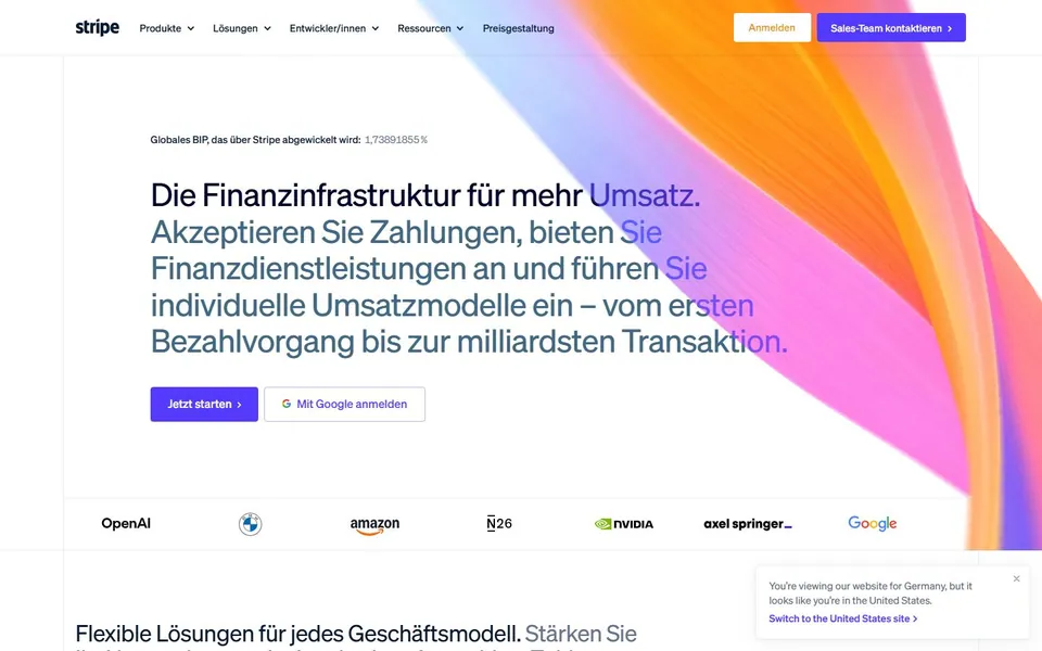 Stripe – Ansicht der Anbieter-Website