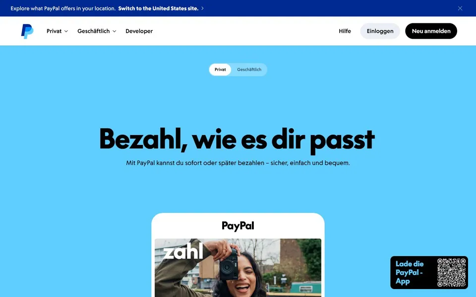 PayPal – Ansicht der Anbieter-Website