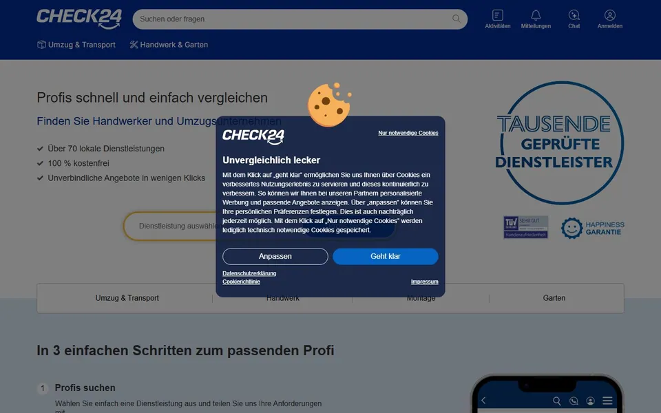 CHECK24 Profis – Ansicht der Anbieter-Website