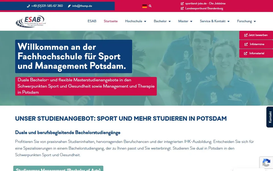 ESAB Fachhochschule für Sport und Management Potsdam – Ansicht der Anbieter-Website