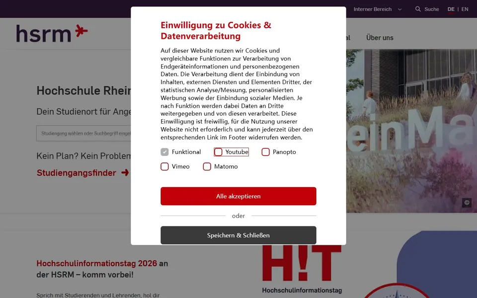 Hochschule RheinMain (Wiesbaden/Rüsselsheim) – Ansicht der Anbieter-Website