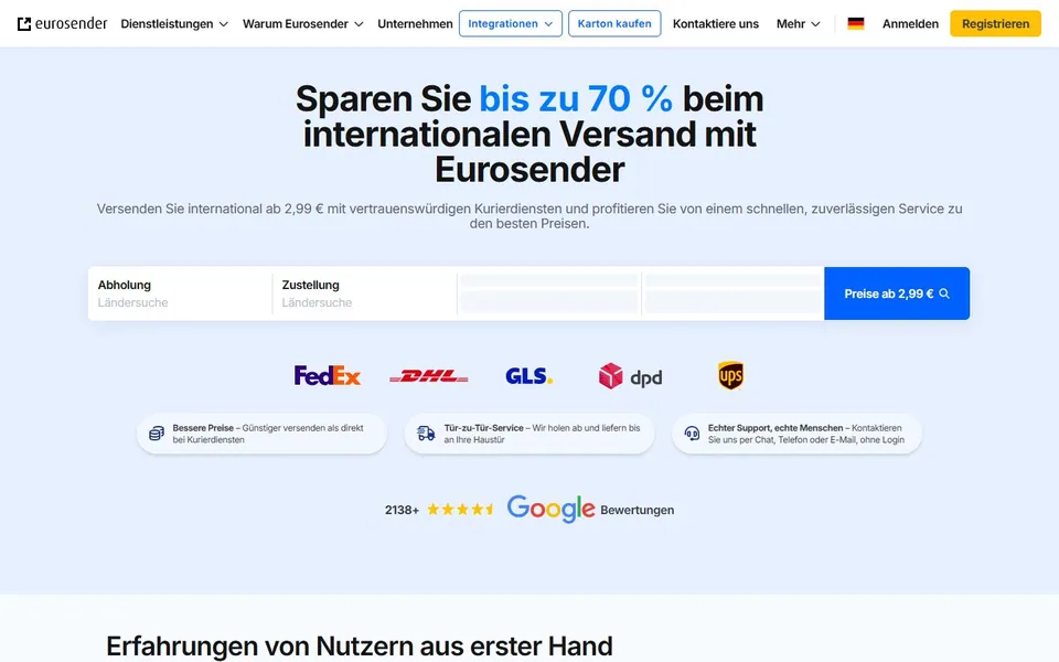 Eurosender – Ansicht der Anbieter-Website