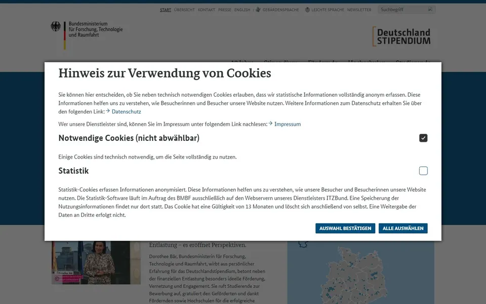 Deutschlandstipendium – Ansicht der Anbieter-Website