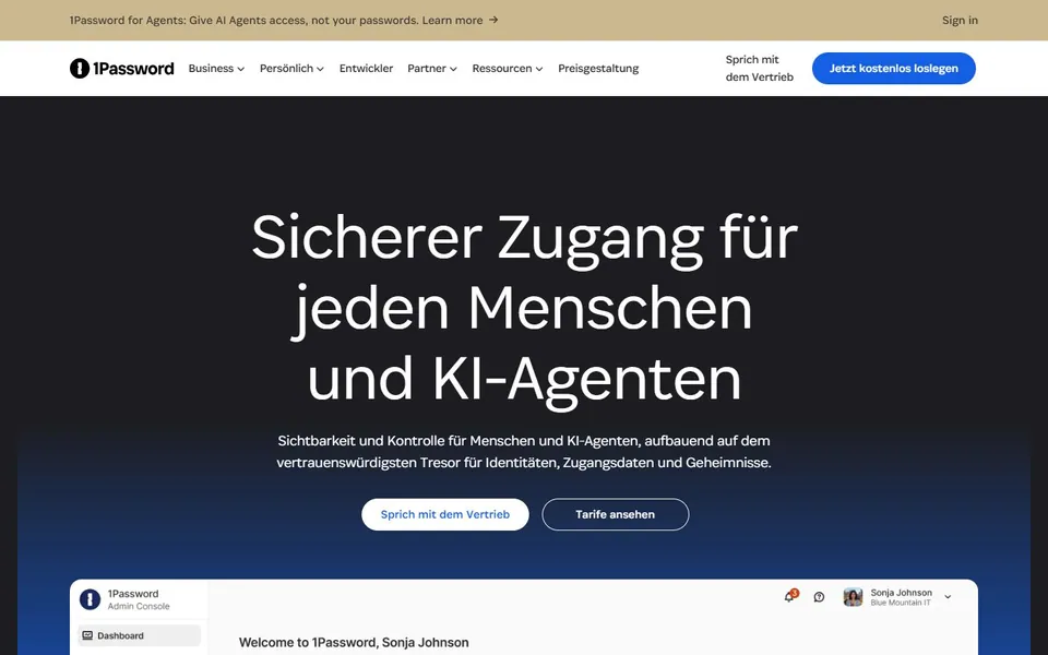1Password – Ansicht der Anbieter-Website