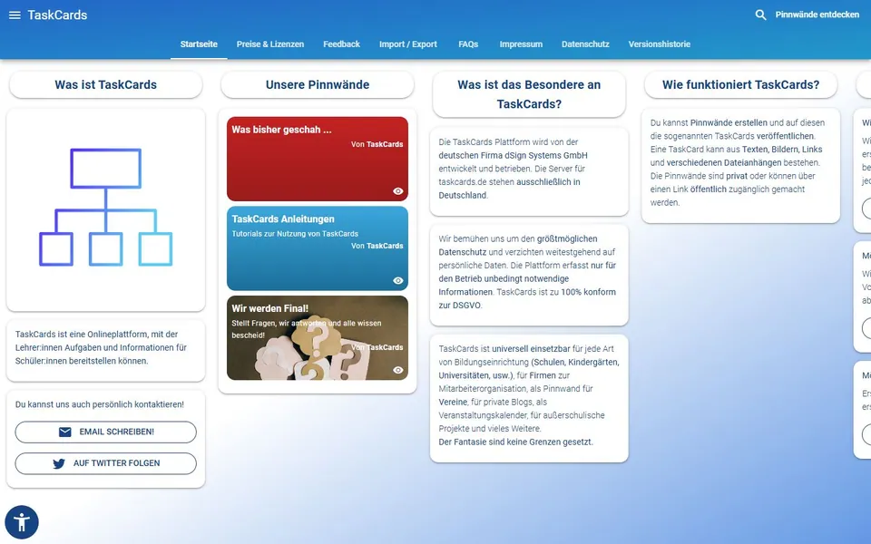 TaskCards – Ansicht der Anbieter-Website
