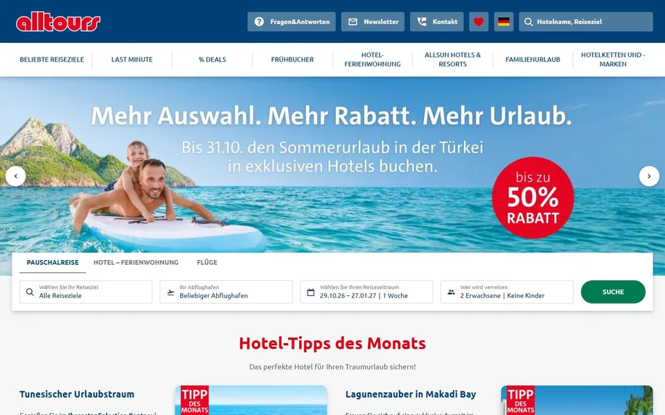 alltours – Ansicht der Anbieter-Website