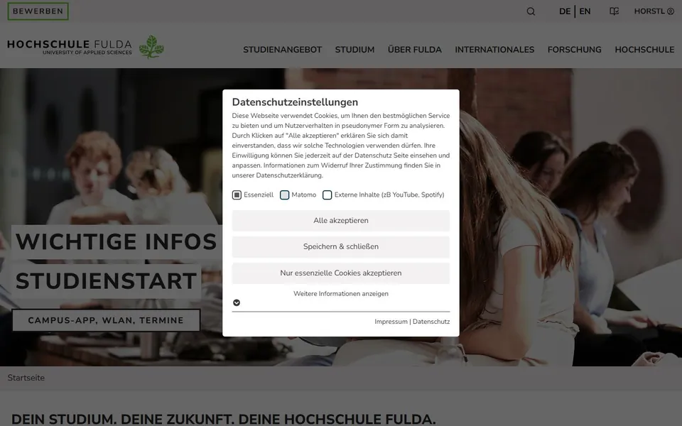 Hochschule Fulda – Ansicht der Anbieter-Website