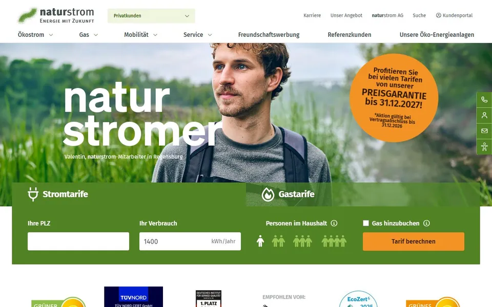 Naturstrom – Ansicht der Anbieter-Website
