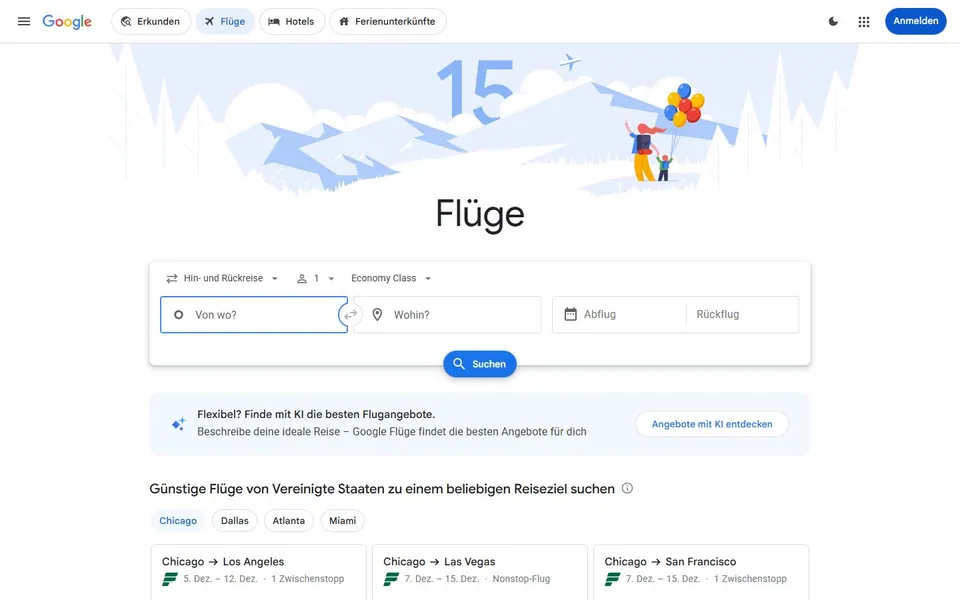 Google Flights – Ansicht der Anbieter-Website