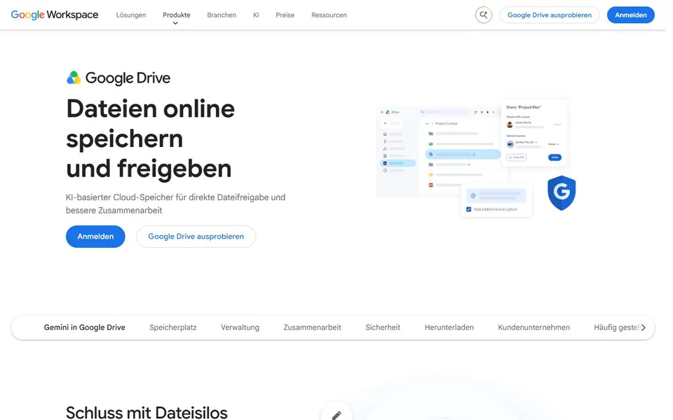 Google Drive – Ansicht der Anbieter-Website