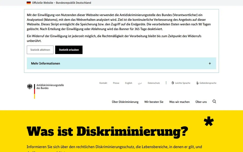 Antidiskriminierungsstelle des Bundes – Ansicht der Anbieter-Website