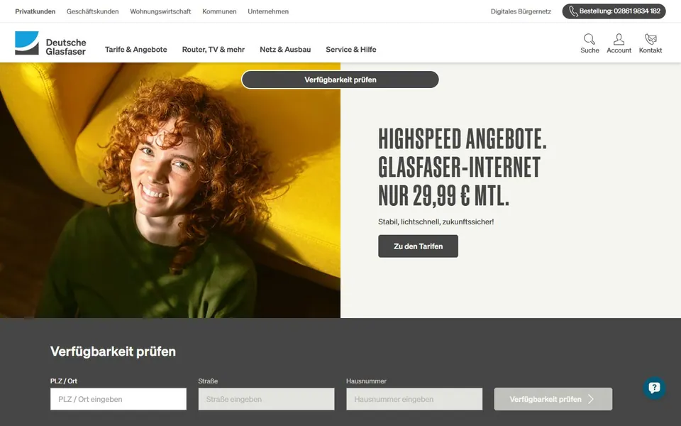 Deutsche Glasfaser – Ansicht der Anbieter-Website