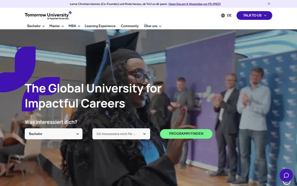 Tomorrow University of Applied Sciences (Frankfurt/Main) – Ansicht der Anbieter-Website