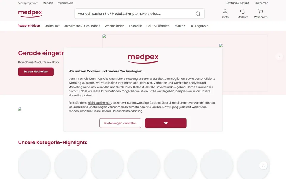 medpex – Ansicht der Anbieter-Website