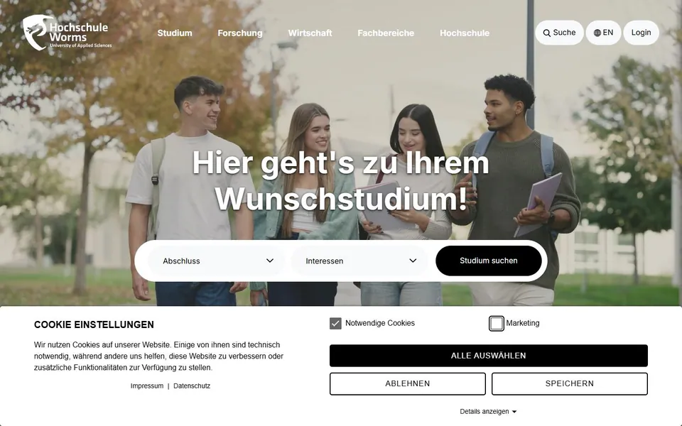 Hochschule Worms – Ansicht der Anbieter-Website