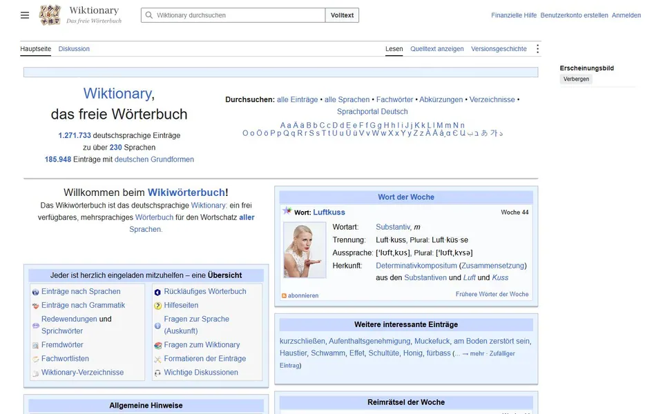 Wiktionary – Ansicht der Anbieter-Website