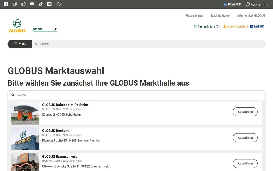 GLOBUS – Ansicht der Anbieter-Website