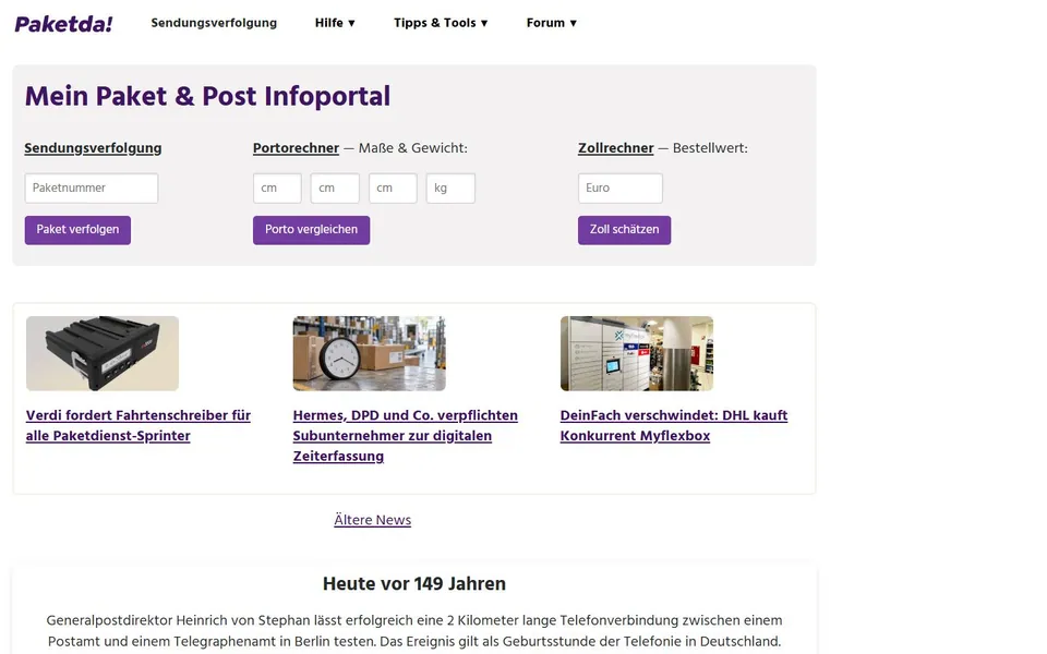 Paketda – Ansicht der Anbieter-Website