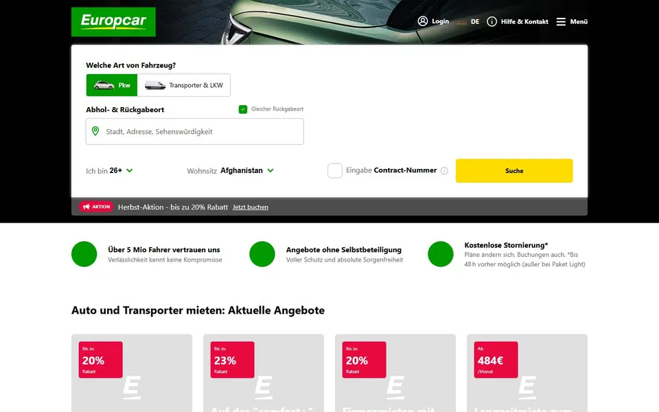 Europcar – Ansicht der Anbieter-Website