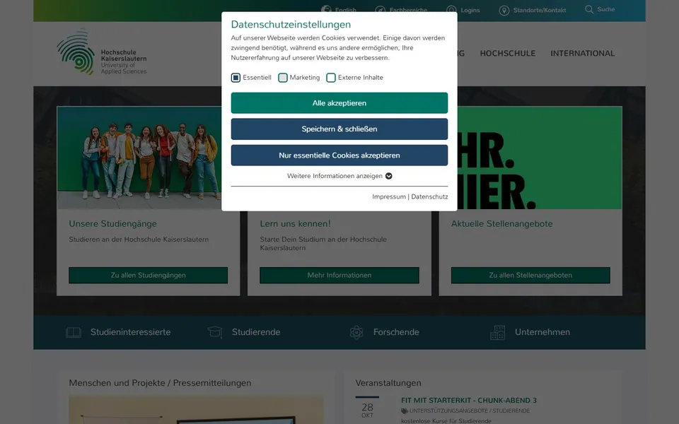 Hochschule Kaiserslautern – Ansicht der Anbieter-Website