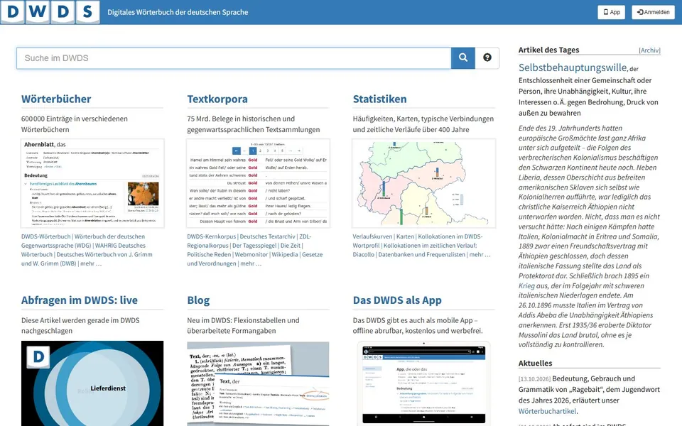 DWDS – Ansicht der Anbieter-Website