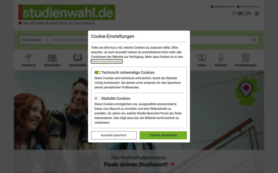 Studienwahl – Ansicht der Anbieter-Website