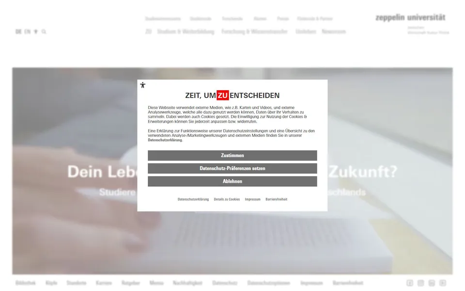 Zeppelin Universität – Ansicht der Anbieter-Website