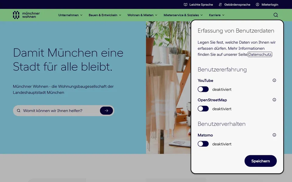 Münchner Wohnen – Ansicht der Anbieter-Website