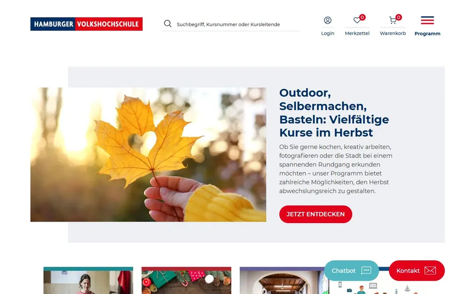 Hamburger Volkshochschule – Ansicht der Anbieter-Website
