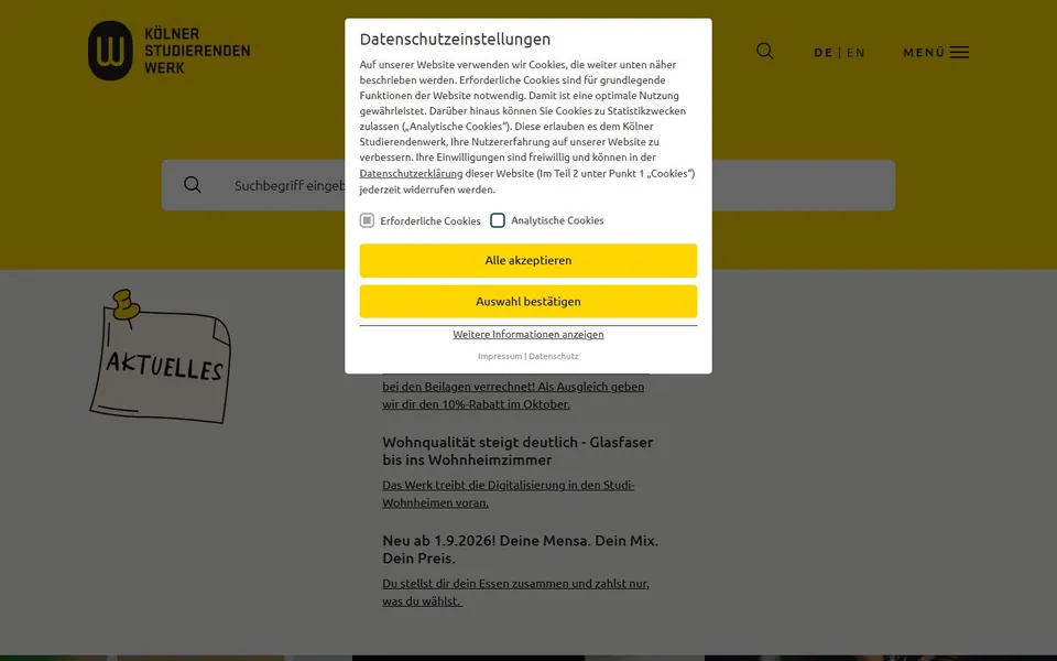 Kölner Studierendenwerk – Ansicht der Anbieter-Website